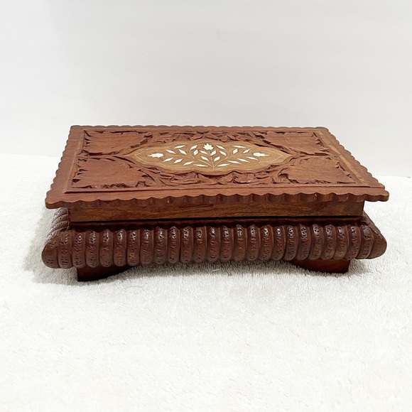 Wood Hand Craved Leaf Print Storage Box Junk Journal Supply Boho Organizer - Picture 1 of 13